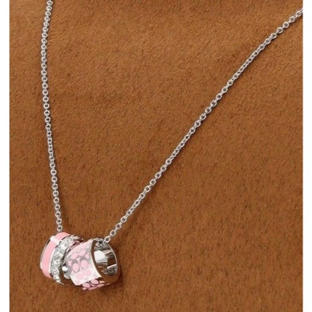 Coach Silver Signature Rondell 3 Ring Necklace Pink Enamel 16” + 2”
